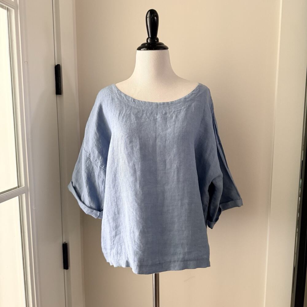 Made in Italy Linen Boxy Crop Top OS S M L Blue Boat Neck Short Sleeve NWOT - Picture 2 of 10